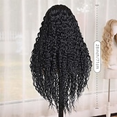 abordables Perruques synthétiques à dentelle-Perruque en dentelle synthétique Boucles profondes Style 28 pouce Noir Raie au milieu partie U Perruque Femmes Perruque Noir