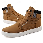 cheap Men&#039;s Sneakers-Men&#039;s Tan Faux Leather High-Top Sneakers with Lace-Up Design, Stylish Casual Shoes for Walking, Work and Weekend Outfits