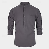 economico Camicie Popover da Uomo-Per uomo Camicia Camicia con colletto alla coreana Camicia popover Camicia casual Nero Bianco Giallo Rosso Blu marino Manica Lunga Semplice Henley Quotidiano Uscire Tasca Frontale Abbigliamento