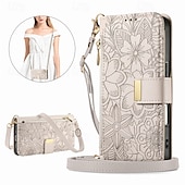 baratos Capas para iPhone-telefone Capinha Para iPhone 16 15 14 Pro Max Plus 16e 13 Pro Max Capa para Cartão Wallet Capa articulada Zíper com cordão com pulseira Árvore flor floral TPU Couro PU