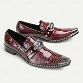 abordables Mocassins en cuir de qualité supérieure-Mocassins en cuir à motif crocodile bordeaux pour hommes avec boucle en métal et détail de pierres précieuses, chaussures habillées de luxe pour mariages, fêtes et occasions formelles