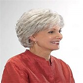 abordables perruque plus âgée-Perruques courtes en cheveux gris argentés mélangées à une perruque bouclée de style lutin avec frange, cheveux naturels à usage quotidien