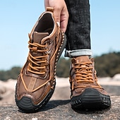 preiswerte Stiefeletten-Braune High-Top-Freizeitsneaker aus Leder für Herren mit Ziernähten und strapazierfähiger Gummisohle – modische Komfortschuhe für Outdoor und Stadt