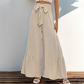 abordables jambe large et taille haute-Femmes A Volants Élégant Vacances ancien Longueur complète Taille Moyenne Couleur Unie Uni A Volants Patchwork Élastique Extérieur Vacances Maison Abricot Été Printemps Automne Coupe Ample