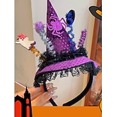 levne Halloweenské doplňky-Dámská halloweenská čelenka s čarodějnickým kloboukem - fialový pavouk a duch, dekorační kostýmní doplněk na párty, cosplay a převlékání