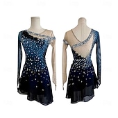 Figure Skating Dress Women's Girls' Ice Skating Dress Navy Blue Patchwork Asymmetric Hem Mesh Spandex High Elasticity Training Competition Skating Wear Classic Crystal / Rhinestone Long Sleeve Ice3