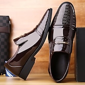 billiga Slip-ons och loafers till herrar-Glansiga svarta lackloafers för män med spänne – eleganta finskor för formella evenemang och bröllop