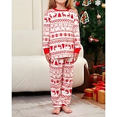 お買い得  親子お揃い服-ファミリールック パジャマ クリスマス柄 家 プリント ルビーレッド 長袖 活発的 マッチング衣装