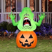 baratos Halloween ao Ar Livre-1 peça 1,5m/4,92 pés abóbora fantasma de cabeça verde sorridente de Halloween com lâmpada inflável modelo de ar para áreas internas e externas pátio jardim gramado caminho atmosfera lâmpada decorativa