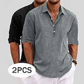 preiswerte Klassiker-Herren Hemd Leinenhemd Sommerhemd Strandbekleidung Einfach Urlaub Lässig Khaki + Schwarz Blau+Khaki Grau+Khaki Weiss + schwarz Langarm Revers Sommer Frühling Bekleidung