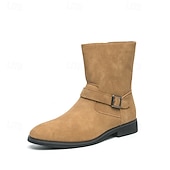 cheap Ankle Boots-Men&#039;s Khaki Faux Suede Mid-Calf Boots with Side Buckle Straps, Retro Cowboy Style Boots for Casual Outfits and Party Occasions