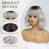 economico Parrucche trendy sintetiche-parrucche corte argentate per donne, parrucca bob ondulata grigia sfumata con frangia, capelli sintetici di media lunghezza, parrucca con radici scure e onde d&#039;acqua, parrucche grigie colorate