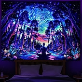 preiswerte Blacklight -Wandteppiche-Schwarzlicht-Wandteppich mit psychedelischem Wald und Meditation, UV-reaktiv, kosmische Galaxie, Sternenhimmel, Wandkunst, Wandteppich, trippiges Yoga, spirituelles Chakra, Wandbehang, Wandteppiche