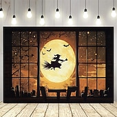 cheap Halloween Wall Tapestries-Halloween Witch Window Tapestry, Spooky Full Moon and Flying Witch Silhouette Wall Hanging, Polyester Fabric Haunted House Decor for Living Room, Bedroom, Dorm, or Party, Wrinkle-Free, Easy to Hang, Gothic Room Aesthetic Decoration