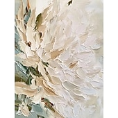 preiswerte Blumen-/Botanische Gemälde-florales abstraktes Ölgemälde auf Leinwand beige weiß strukturierte Wandkunst minimalistisch weiche Palette Messer Wandkunst große moderne neutrale Wohndeko