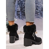 abordables Bottes de neige et d&#039;hiver-Bottines en daim gris pour femme, doublées de fourrure, chaudes, à talon épais et semelle crantée, avec fermeture éclair latérale pour l&#039;hiver