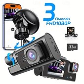 رخيصةأون مشغلات DVR للسيارات-مسجل سيارة ثلاثي القنوات FHD 1080P، مسجل سيارة، تطبيق واي فاي للتحكم، مسجل سيارة مع كاميرا خلفية، رؤية ليلية فائقة، صندوق أسود، تسجيل حلقي، مستشعر G، كشف الحركة، شاشة وقوف السيارات
