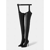 baratos Botas da moda-Botas femininas pretas de couro sintético com salto alto acima do joelho - calçados sensuais para balada e festa