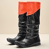 abordables Chaussures pour Hommes-Bottes hautes noires et rouges pour hommes, en similicuir, style pirate rétro, pour Halloween et cosplay