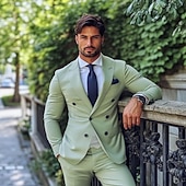 Men's Business Casual Wedding Suits Notch Lapel pea green Formal Solid Colored Tailored Fit 2 Piece Double Breasted Six-buttons3