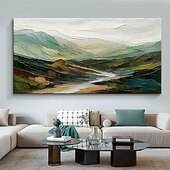 baratos Pinturas de Paisagens-Pintura a óleo original de montanha sobre tela 3D, arte verde, pintura minimalista de paisagem, textura abstrata, arte de parede verde, decoração de parede grande