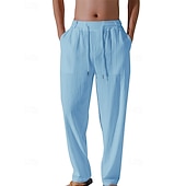 billiga Semester-Herr Linne Byxor Långbyxor Sommarbyxor Strandbyxor Snörning Ficka Elastisk midja Slät Komfort Andningsfunktion Semester Dagligen Helgdag Hawaiisk Boho 다크 카키 Svart