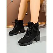 baratos Botas de neve e inverno-Botas femininas pretas de cano curto com cadarço e forro de pele – botas de inverno com salto grosso e sola de borracha para clima frio, uso casual e ao ar livre
