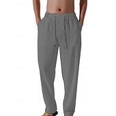 billiga Semester-Herr Linne Byxor Långbyxor Sommarbyxor Strandbyxor Snörning Ficka Elastisk midja Slät Komfort Andningsfunktion Semester Dagligen Helgdag Hawaiisk Boho 다크 카키 Svart