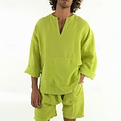 abordables Ensembles t-shirts-Homme Ensembles T-shirt Tenues 2 pièces Ensemble Short manche longue Col en V Été Printemps Uni Mode Occasionnel 2 pièces Poche Avant Vacances Tenue quotidienne Sortir Jaune Bleu Vert T-shirt haut de