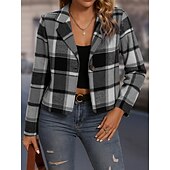 Χαμηλού Κόστους casual μπουφάν-Γυναικεία Casual Jacket Άνετο Αναπνέει Στάμπα Καθημερινό Καρό Διακοπές Δρόμος Causal Καθημερινά Ρούχα Μονόπετο Κοντό Απορρίπτω Κανονικό Μακρυμάνικο Εξωτερικά ενδύματα Ουρανί Φούξια Χακί