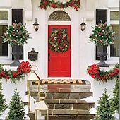 abordables Coronas, Guirnaldas &amp; Adornos-Urna de árbol de Navidad artificial preiluminada, decoración navideña para exteriores con plantas artificiales adornadas con adornos variados y luces LED blancas preinstaladas, decoración navideña con