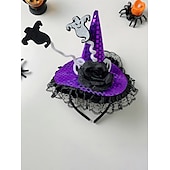 levne Halloweenské doplňky-Dámská halloweenská čelenka s čarodějnickým kloboukem - fialový pavouk a duch, dekorační kostýmní doplněk na párty, cosplay a převlékání