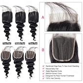 abordables 3 mechones con cierre-Extensiones de cabello humano brasileño suelto y profundo, 3 paquetes con cierre de encaje 4x4.