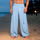 preiswerte Urlaub-Herren Leinenhosen Hose Sommerhose Gerader Schnitt Einfach Komfort Atmungsaktiv Volle Länge Lässig Täglich Ferien Urlaub Mode Schwarz Weiß Unelastisch