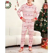 お買い得  親子お揃い服-ファミリールック パジャマ クリスマス柄 家 プリント ルビーレッド 長袖 活発的 マッチング衣装