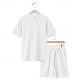 voordelige T-shirt sets voor heren-Voor heren Wafel Shirt T-shirt past 2 stuks outfits T-shirt en korte broek Korte mouw Strakke ronde hals Zomer Effen Modieus Casual Jacquard 2-stuks Vakantie Alledaagse kleding Uitgaan Zwart Wit Khaki