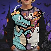 billiga Pojkes Halloween kostymer-Halloween Pojkar 3D Tecknat Pumpa Dinosaurie T-shirt Långärmad Vår Höst Mode Grundläggande Barn 4-12 år Rund hals Utomhus Ledigt Dagligen Normal
