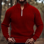 お買い得  男性用プルオーバーセーター-男性用 プルオーバーセーター クォータージップセーター ニットセーター リブ ニット レギュラートップス ニット 平織り ハーフジッパー ファッション カジュアル バケーション デイリーウェア 衣類 秋 冬 ワイン ブラック S M L