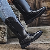 baratos Botas de equitação-Botas altas de montaria masculinas de couro marrom com padrão de crocodilo – calçado equestre elegante de cano alto para passeios a cavalo, eventos de fantasias e trajes de estilo vintage