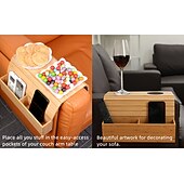 tanie Artykuły domowe-Składany stolik podłokietnikowy do sofy z bambusa w stylu vintage z uchwytem na kubek – nie wymaga montażu, należy myć ręcznie, naturalne drewno &amp;wykończenie w kolorze czarnym, drewno liściaste