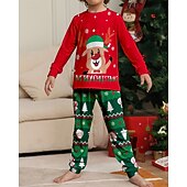 お買い得  親子お揃い服-ファミリールック パジャマ クリスマス柄 家 プリント ルビーレッド 長袖 活発的 マッチング衣装