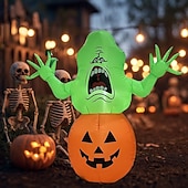 baratos Halloween ao Ar Livre-1 peça 1,5m/4,92 pés abóbora fantasma de cabeça verde sorridente de Halloween com lâmpada inflável modelo de ar para áreas internas e externas pátio jardim gramado caminho atmosfera lâmpada decorativa