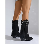 abordables Cowboy et bottes occidentales-Bottes western noires à franges pour femmes – bottes de cow-girl mi-mollet avec boucle cloutée et talon bloc pour rodéo, concerts country et tenues d&#039;automne