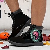 baratos Sapatos para Homens-Botas de combate masculinas com estampa de caveira flamejante – botas de cano curto estilo gótico de Halloween para festas, cosplay e uso ao ar livre
