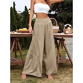 baratos Calça de linho de algodão simples-Mulheres Calças de linho de algodão Perna larga chinês Básico Casual Comprimento total Cintura Alta Tecido Cintura elástica Confortável Macio Com Stretch Ao ar livre Rua Preto Branco Azul Roxo Claro