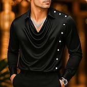 preiswerte Satinhemden für Herren-Herren Hemd Seidenartig Satinhemd Freizeithemd Einfach Formell Hochzeit Schwarz Wein Marineblau Gold Langarm Wasserfallausschnitt Frühling &amp; Herbst Ganzjahres Bekleidung Gerafft