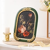 cheap Sculptures-Gold 3D Rose Photo Frame with Green Arched Border, Hand-Painted Resin Picture Frame for Home Decor, Display Photos in Living Room, Bedroom, Study or Entryway