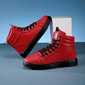 cheap Men&#039;s Sneakers-Men&#039;s Green Faux Leather High-Top Sneakers with Black Sole, Fashion Lace-Up Casual Shoes for Streetwear, Parties and Daily Wear