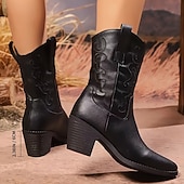 Недорогие Ковбой и западные ботинки-Женские коричневые ковбойские сапоги – сапоги в стиле вестерн до середины голени с вышитым рисунком и блочным каблуком для родео, кантри-концертов и осенне-зимних образов