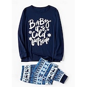 abordables Correspondência Familiar Diária-Family Pajamas Letter Christmas Pattern Home Print Dark Blue Long Sleeve Active Matching Outfits